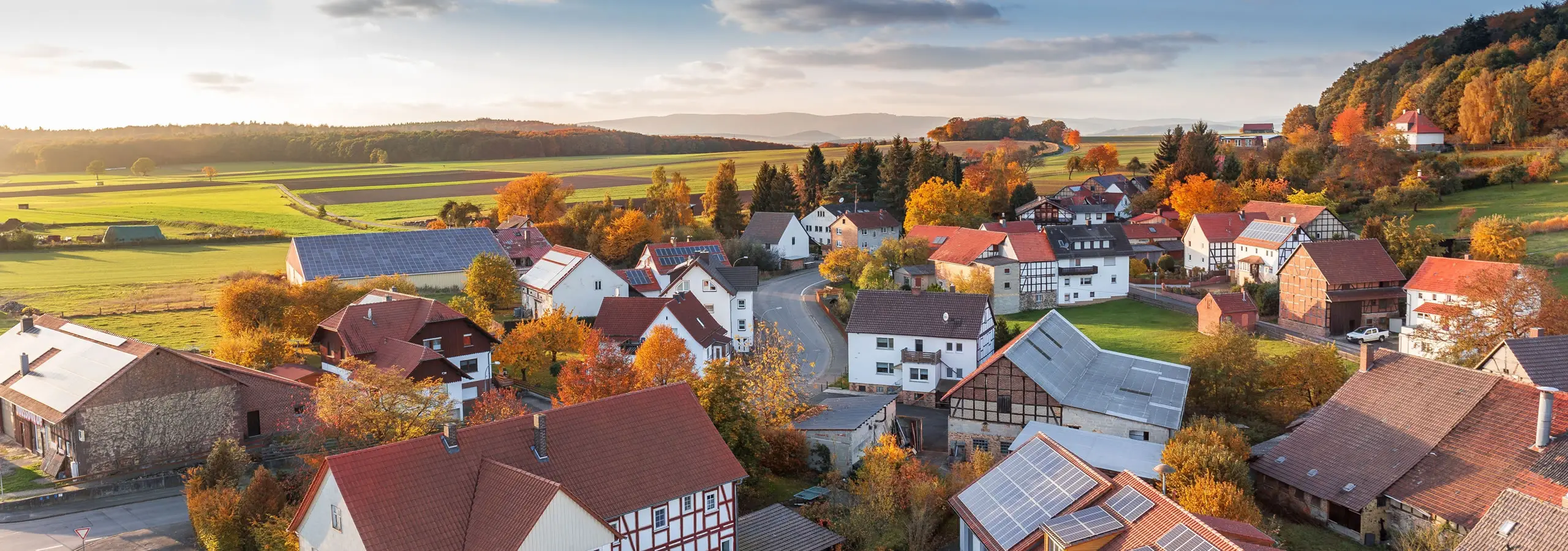 An aerial view of a residential area in autumn.